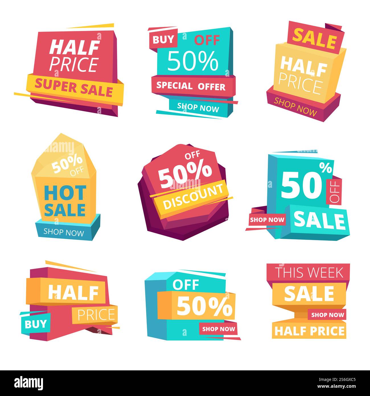 Abzeichen zum halben Preis. Werbung Werbebanner Tags und Promo-Etiketten Vektorkollektion. Preisrabatt in Prozent, Abbildung des Abzeichens mit halbem Angebot. Abzeichen zum halben Preis. Werbung Werbebanner Tags und Promo-Etiketten Vektorkollektion Stock Vektor