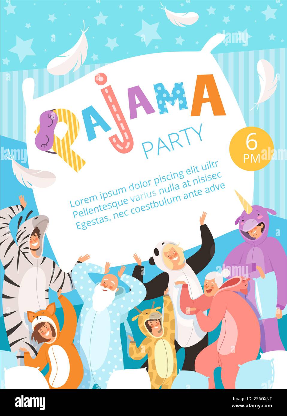Schlafanzug Party. Poster Einladung für Kostüm Nachtwäsche Kleidung Pyjamas Feier Kinder und Eltern Vektor-Plakat. Schlafanzug-Einladungsparty, lächelnde Menschen in Kostüm Nachtwäsche Illustration. Schlafanzug Party. Poster Einladung für Kostüm Nachtwäsche Kleidung Pyjamas Feier Kinder und Eltern Vektor-Plakat Stock Vektor