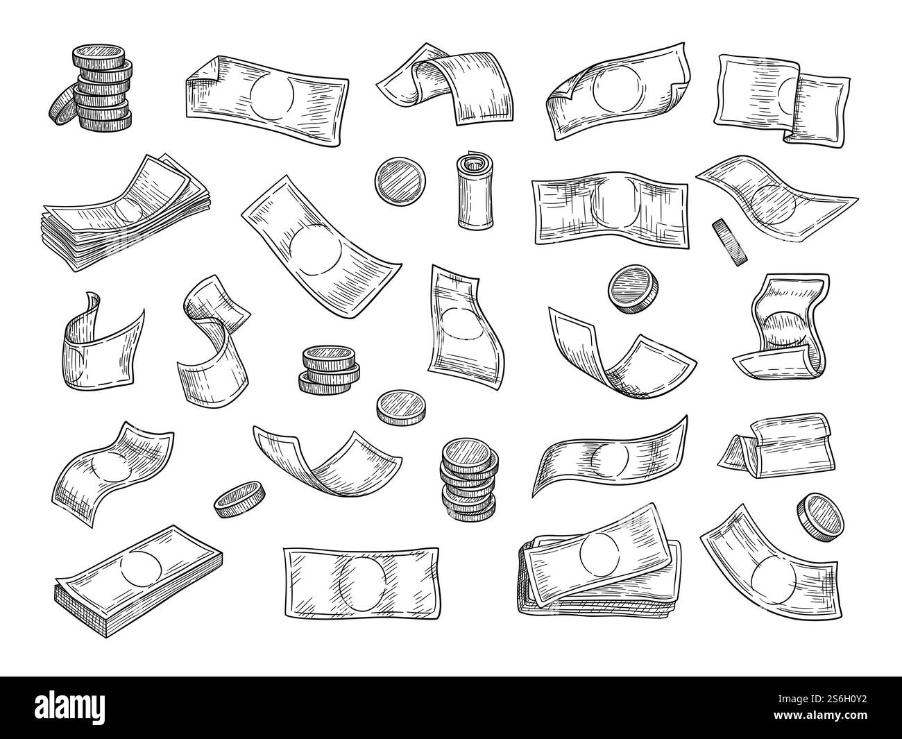 Finanzsymbole. Wirtschaft Investition Geld Münzen Kapital Vektor Hand gezeichnet Satz. Illustration von Finanzinvestitionen, Münzen und Bargeld. Finanzsymbole. Wirtschaft Investition Geld Münzen Kapital Vektor Hand gezeichnet Satz Stock Vektor