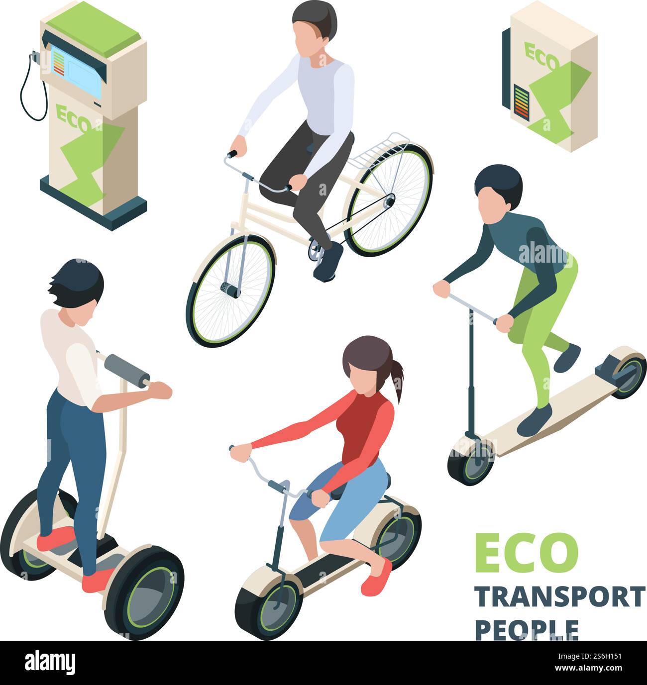 UMWELTFREUNDLICHE Verkehrsteilnehmer. 3D Fahrrad Elektroauto Stadtfahrzeug Fahrrad Segway Vektor isometrische Illustrationen. Isometrischer Roller, straßenfreundliches Fahrzeug, ökologisches Fahrrad. UMWELTFREUNDLICHE Verkehrsteilnehmer. 3D Fahrrad Elektroauto Stadtfahrzeug Fahrrad Segway Vektor isometrische Illustrationen Stock Vektor