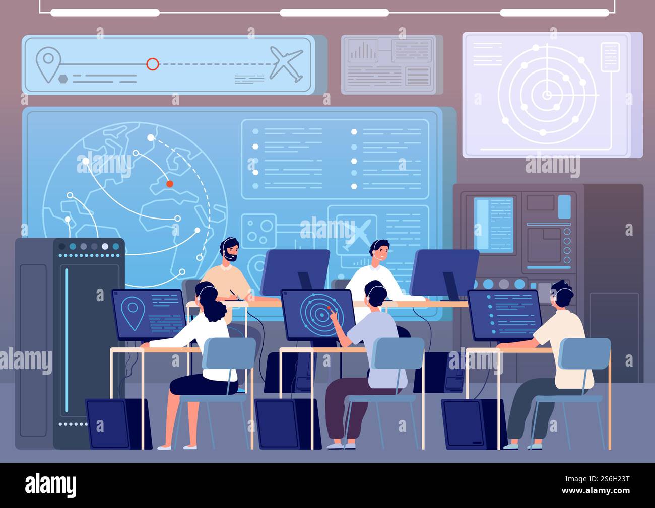 Flugkontrollzentrum. Flughafenkommando, Steuerung der Flugbahn. Vektor-Illustration der Operatoren zur Überwachung des internationalen Transports. Flugkontrollzentrum, Technikraum. Flugkontrollzentrum. Flughafenkommando, Steuerung der Flugbahn. Vektor-Illustration der Operatoren zur Überwachung des internationalen Transports Stock Vektor