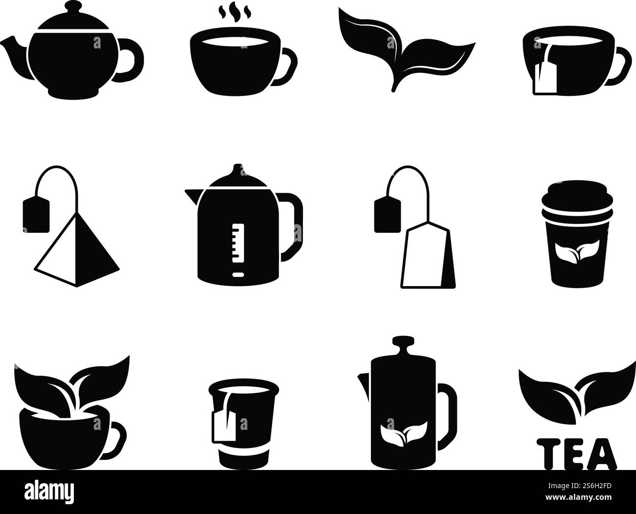 Symbole für schwarzen Tee. Brauen von pflanzlichen heißen Getränken, geeist und Blätter Vektor-Piktogramm Set. Heißes Getränk in der Tasse, Frühstückstee grün und schwarz Illustration. Symbole für schwarzen Tee. Brauen von pflanzlichen heißen Getränken, geeist und Blätter Vektor-Piktogramm Set Stock Vektor