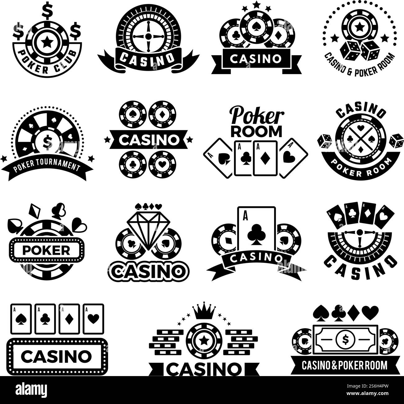 Casino-Embleme. Labels für Poker Club Spiel Turniersymbole Glücksspielkarten Chips und Würfelvektorsammlung. Casino-Spiel Glücksspiel, Poker und Würfel Illustration. Casino-Embleme. Labels für Poker Club Spiel Turniersymbole Glücksspielkarten Chips und Würfelvektorsammlung Stock Vektor