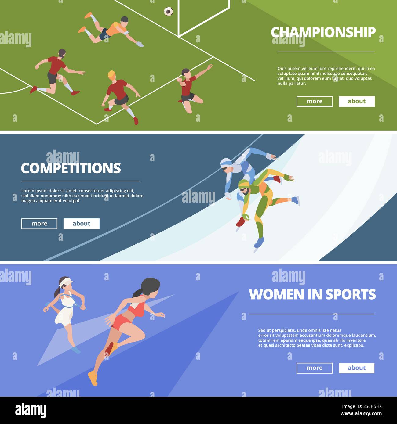 Sportbanner. Olympische Spiele Athleten in Aktion stellt Gymnastikspringer Läufer Fußballspieler Vektor isometrische Menschen. Sport Skating, Meisterschaft olympiasieger, Aktivität Wettbewerb olympische Illustration. Sportbanner. Olympische Spiele Athleten in Aktion stellt Gymnastikspringer Läufer Fußballspieler Vektor isometrische Menschen Stock Vektor