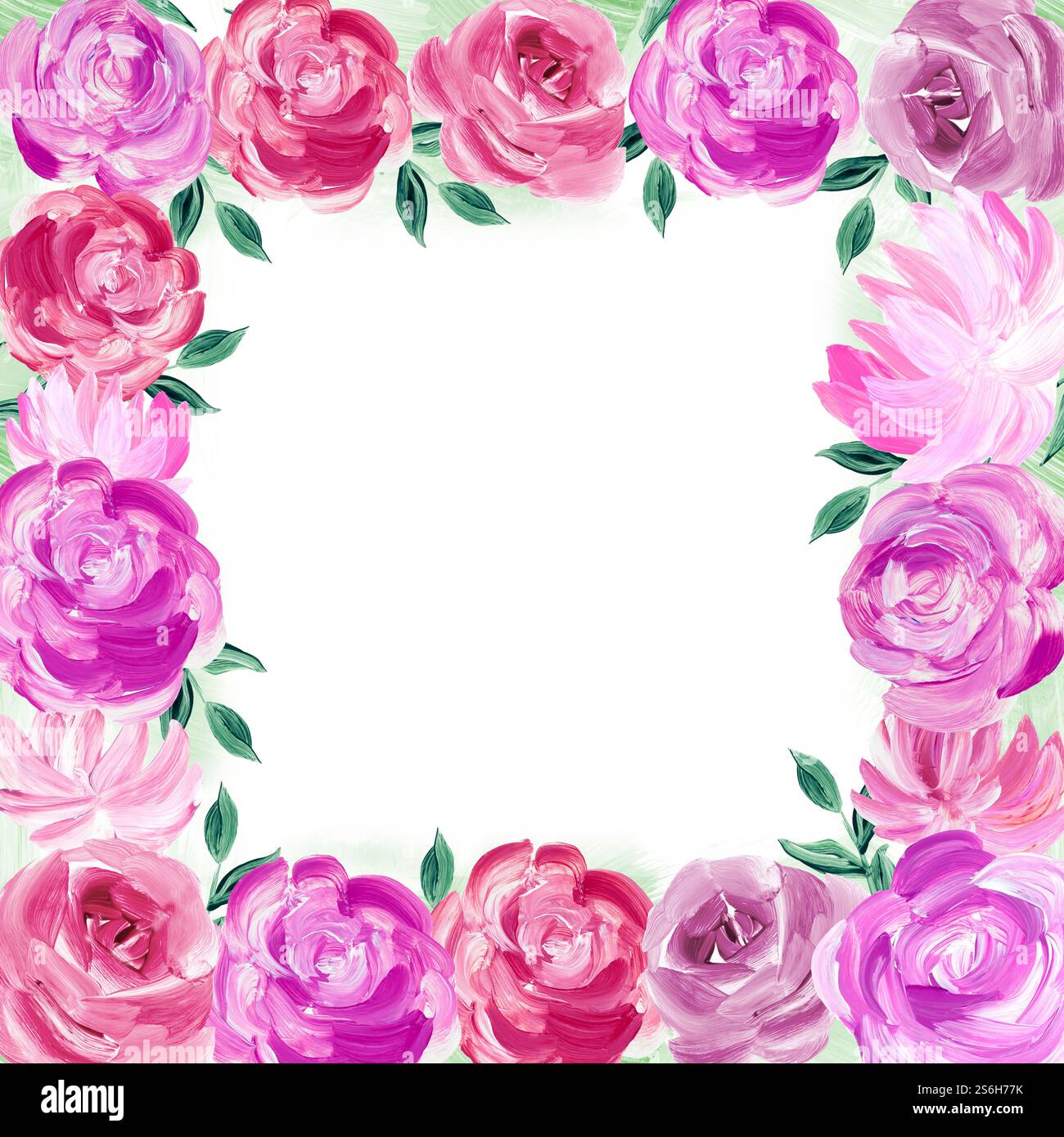 Blumengestell mit lila und rosa Blüten. Handgezeichnete Vorlage mit Kopierraum für romantische Dekoration, Hintergrund für Karten, Hochzeit oder Gruß. Stockfoto