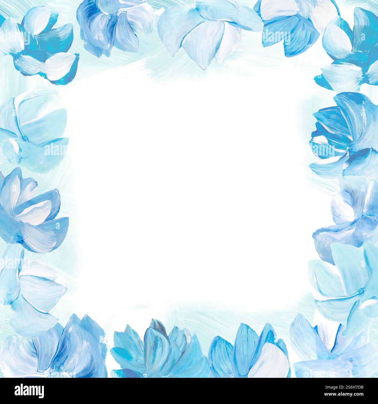 Blumengestell mit blauen Blumen. Handgezeichnete Vorlage mit Kopierraum für romantische Dekoration, Hintergrund für Karten, Hochzeit oder Gruß. Stockfoto