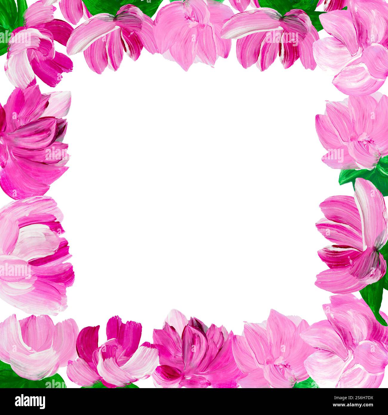 Blumengestell mit rosa Blüten. Handgezeichnete Vorlage mit Kopierraum für romantische Dekoration, Hintergrund für Karten, Hochzeit oder Gruß. Stockfoto