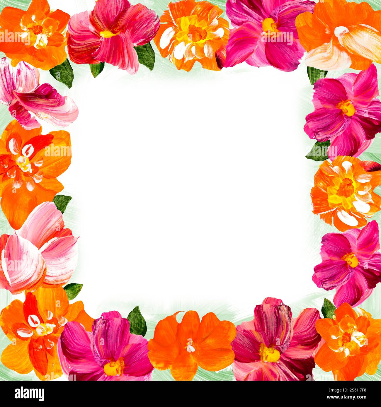 Blumengestell mit roten und rosa Blüten. Handgezeichnete Vorlage mit Kopierraum für romantische Dekoration, Hintergrund für Karten, Hochzeit oder Gruß. Stockfoto