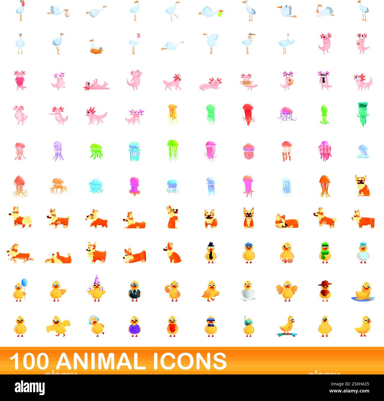 100 Tiersymbole gesetzt. Zeichentrickillustration von 100 Tiersymbolen Vektorsatz isoliert auf weißem Hintergrund. 100 Tiersymbole im Cartoon-Stil Stock Vektor