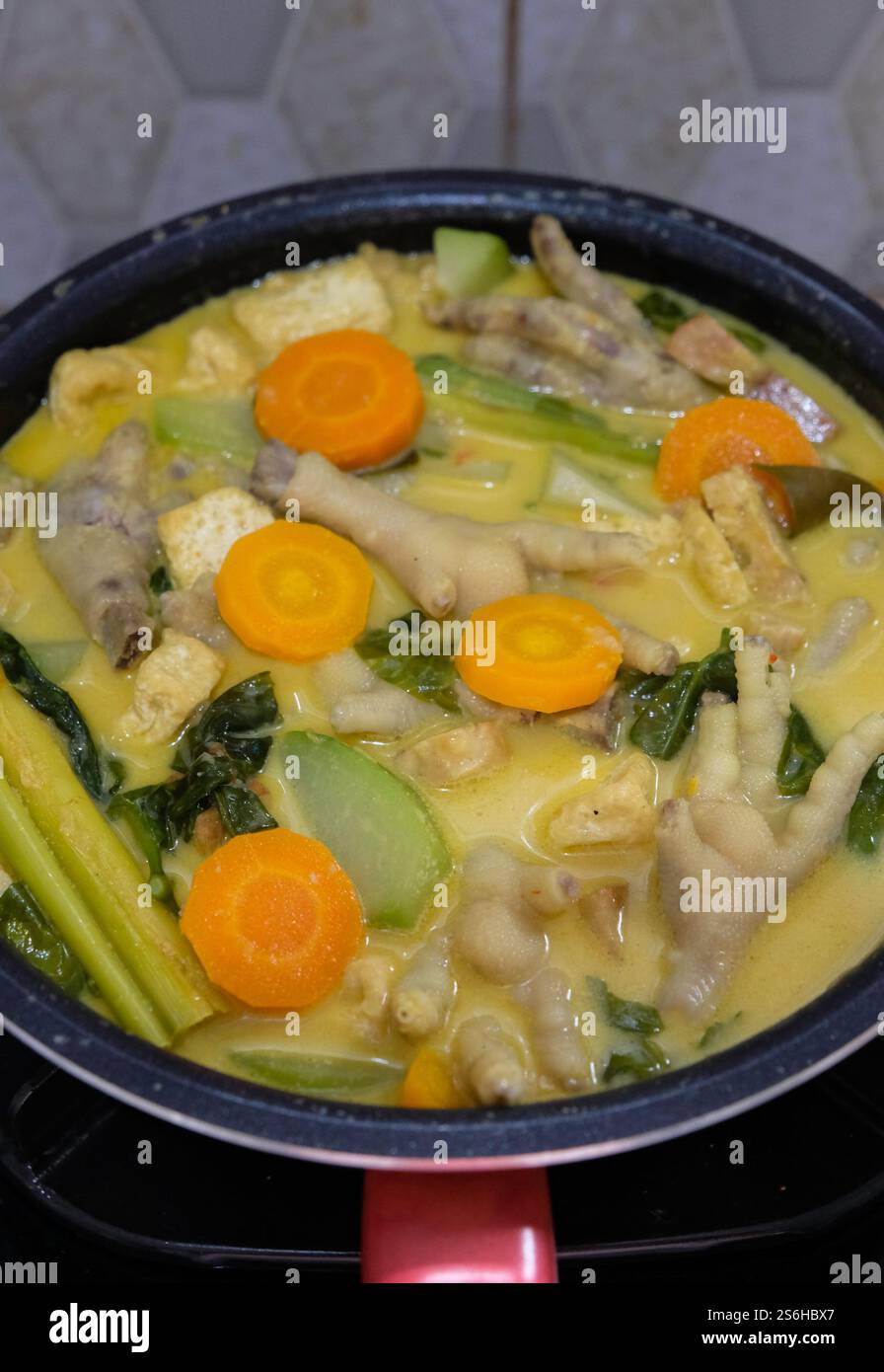 Lodeh ist ein indonesisches Essen, das aus gemischtem Gemüse, Hühnerfüßen und Kokosmilch hergestellt wird. Stockfoto
