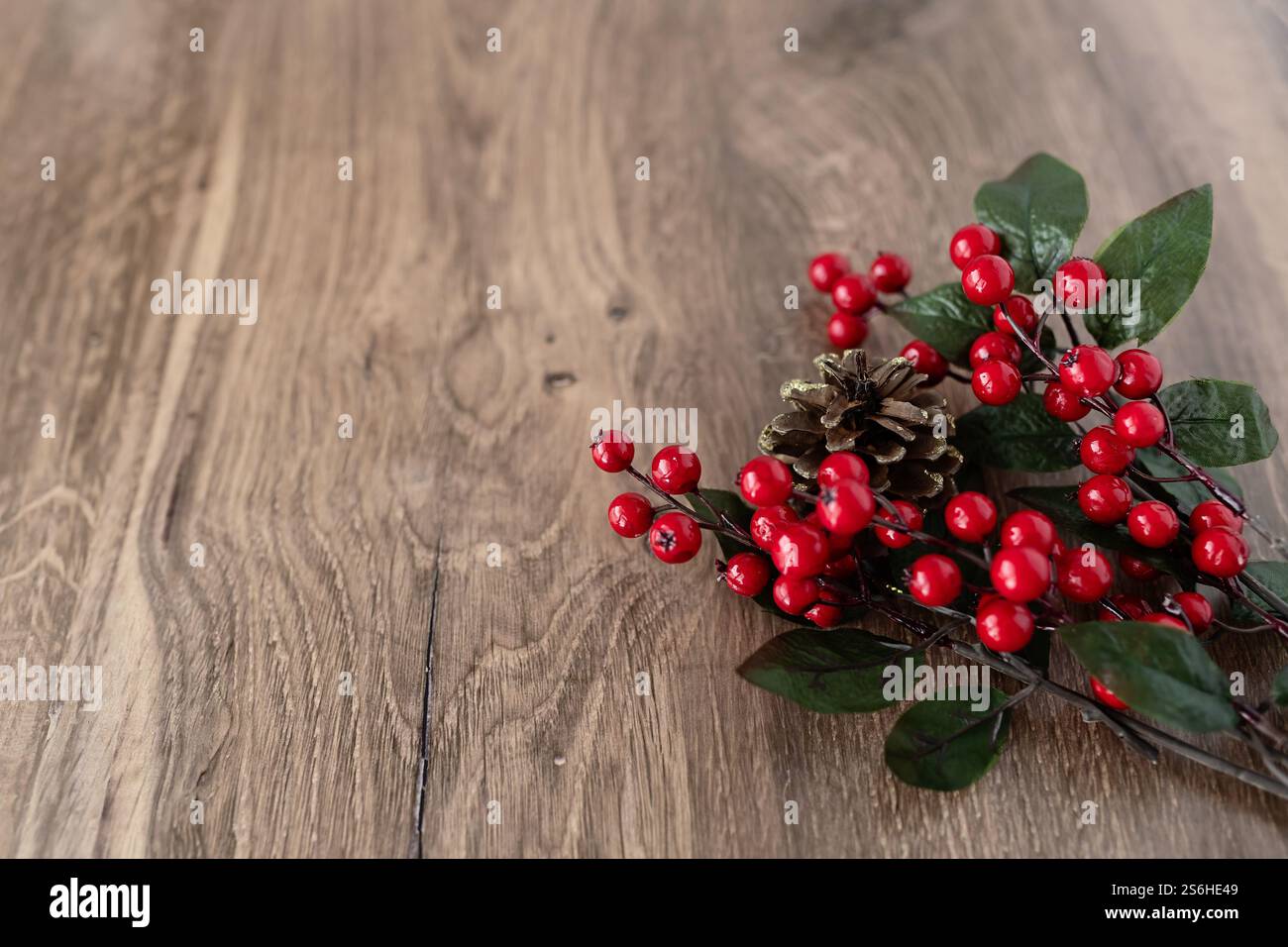 Nahaufnahme von roten stechpalmenbeeren und einem Tannenzapfen auf einer Holzkorneinstellung Stockfoto