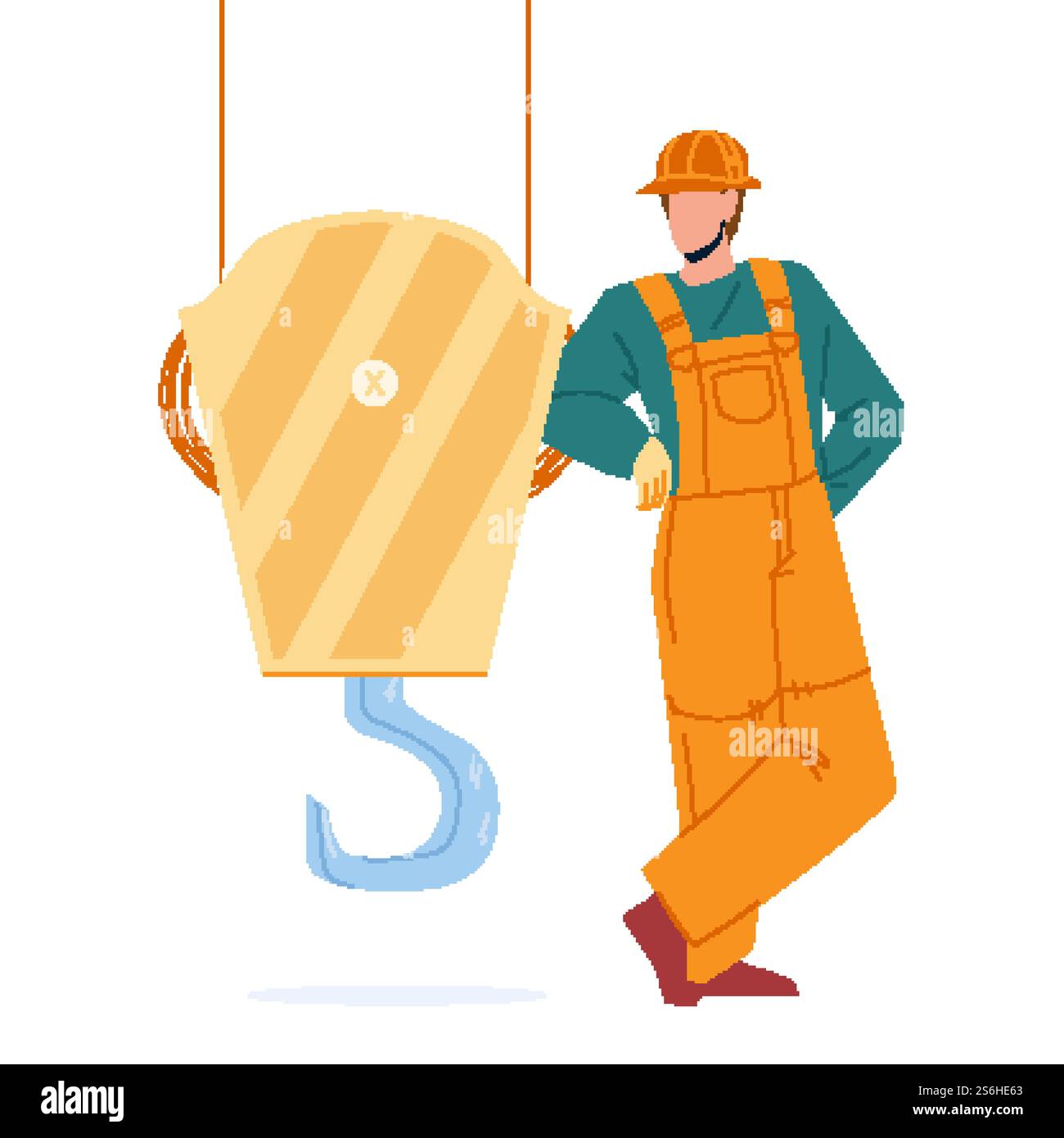 In Der Nähe Des Kranhakens Bleibender Bauarbeiter Vektor. Mann Baumeister In Uniform Bleiben In Der Nähe Von Kranhaken, Baumaschinenteil. Zeichentrickzeichnung Für Zeichentricktechniker Oder Gerätebediener. In Der Nähe Des Kranhakens Bleibender Bauarbeiter Vektor Stock Vektor