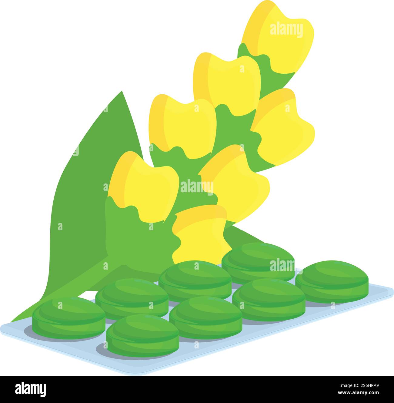 Gelbe Blume Husten Tropfen Symbol. Karikatur der gelben Blume Husten Tropfen Vektor-Symbol für Web-Design isoliert auf weißem Hintergrund. Gelbe Blume Husten Tropfen Symbol, Zeichentrickstil Stock Vektor