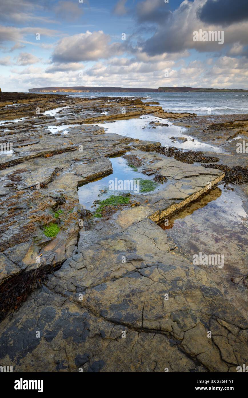 Dramatische Muster im geschichteten Felsen am Castletown Beach in der Nähe von John O'Groats, Schottland. Stockfoto