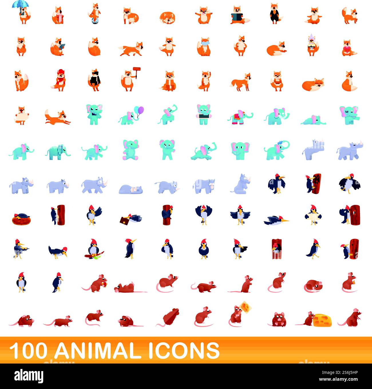 100 Tiersymbole gesetzt. Zeichentrickillustration von 100 Tiersymbolen Vektorsatz isoliert auf weißem Hintergrund. 100 Tiersymbole im Cartoon-Stil Stock Vektor