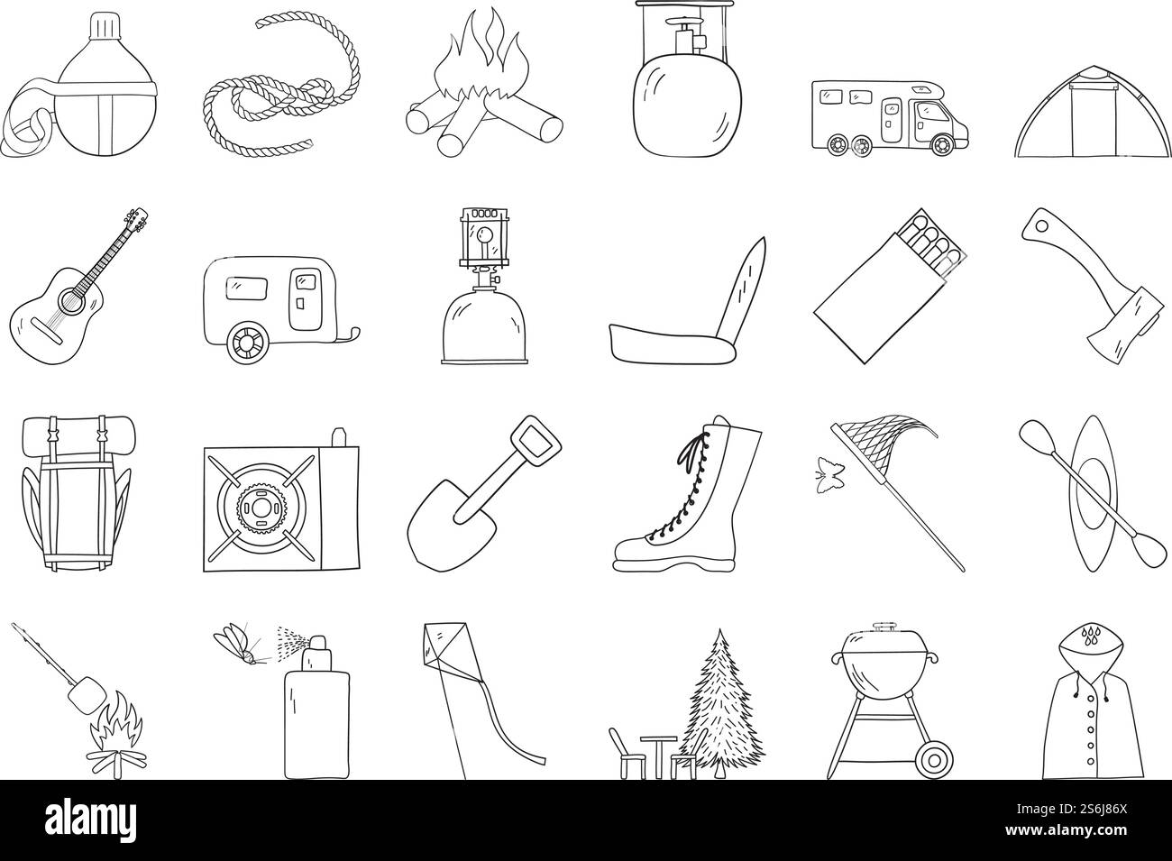 Camping Icon Set. Handgezeichnetes Doodle Sketch Design. Vektorgrafik. Stock Vektor