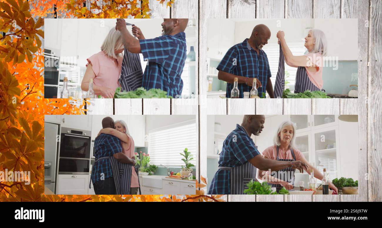Bild von vier Rahmen mit glücklichen Seniorenpaaren, die zu Hause auf Blättern auf Holz kochen Stockfoto