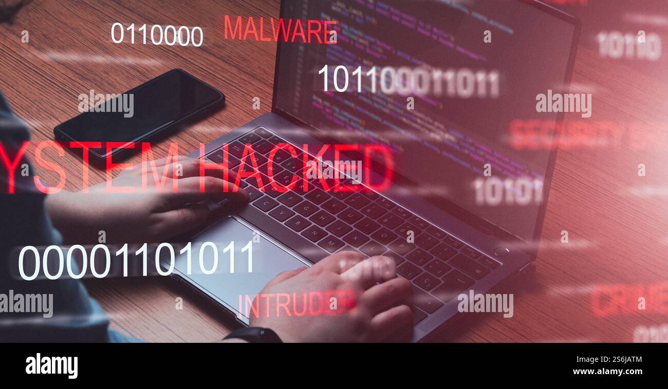 Holographische Schnittstelle Warnung vor einem gehackten System. Alarm nach Cyber-Angriff auf Laptop. Internet-Virus. Cyberkriminalität. Hacker stehlen Informationen Stockfoto