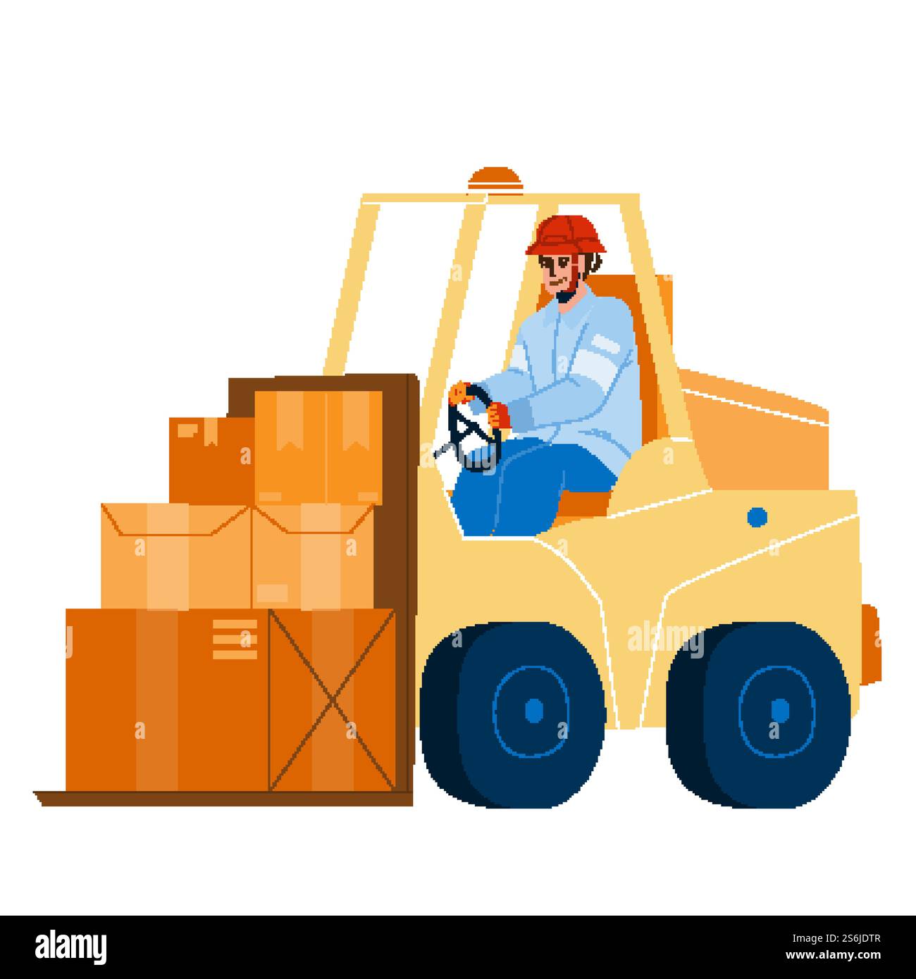 Gabelstaplerarbeiter, Der Lkw Im Lagervektor Fährt. Transport Und Lagerung Des Gabelstaplerfahrers Kartonkisten. Figur Operator Mann Versandbehälter Flache Karikaturabbildung. Gabelstaplerarbeiter, Der Lkw Im Lagervektor Fährt Stock Vektor