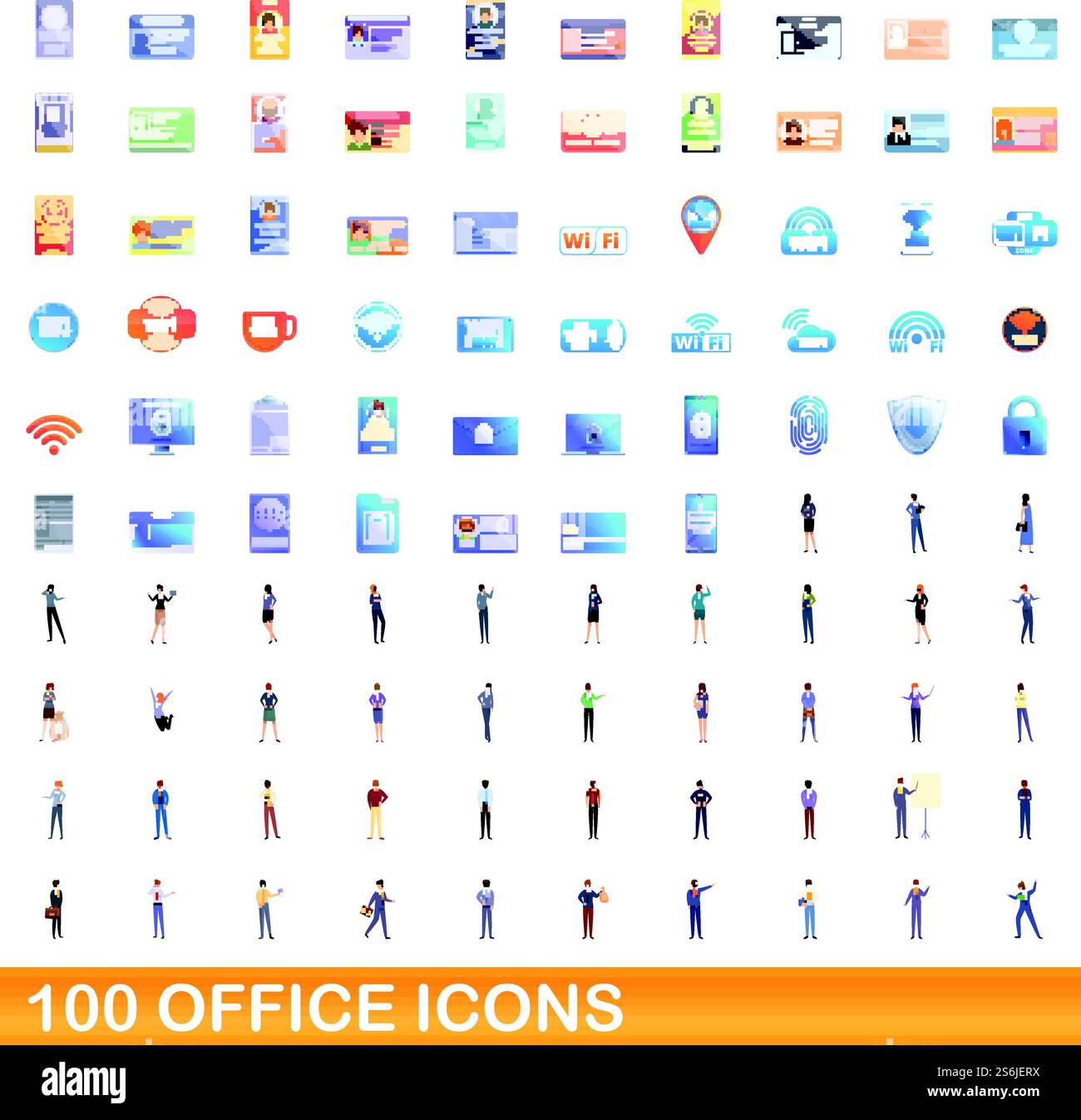 100 Bürosymbole. Cartoon-Illustration von 100 Büro-Icons Vektor-Set isoliert auf weißem Hintergrund. 100 Bürosymbole im Zeichentrickstil Stock Vektor