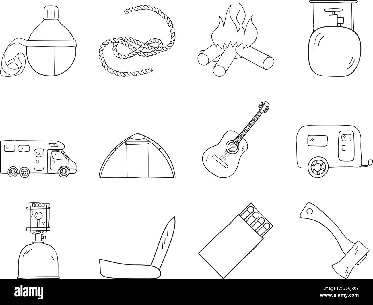 Camping Icon Set. Handgezeichnetes Doodle Sketch Design. Vektorgrafik. Stock Vektor