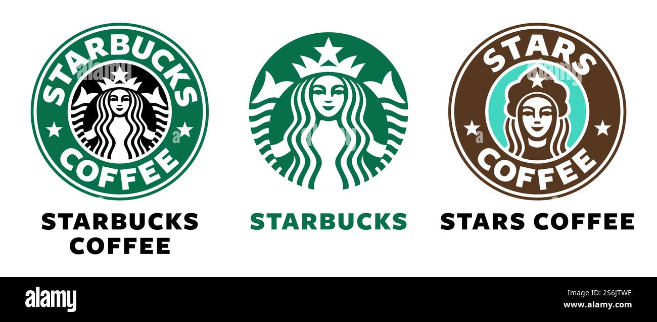 Starbucks and Stars Coffee Logo. Stars Coffee ersetzte Starbucks in Russland. Redaktionelle Vektorillustration isoliert auf weiß. Stock Vektor