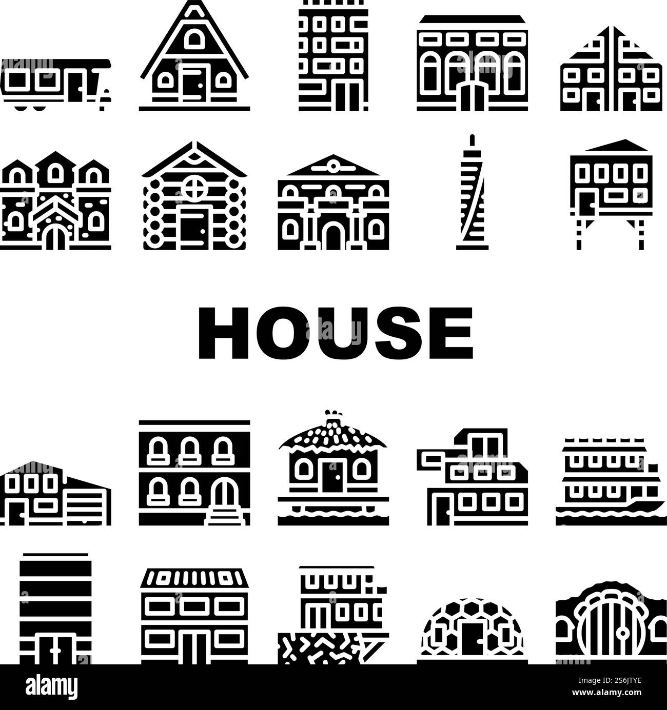House Real Estate Collection Icons Set Vektor. Bungalow Auf Dem Wasser Und Wolkenkratzer Bürogebäude, Cottage Und Residence, Modernes Und Mittelalterliches Haus Glyph Piktogramme Schwarze Illustrationen. House Real Estate Collection Icons Set Vektor Stock Vektor