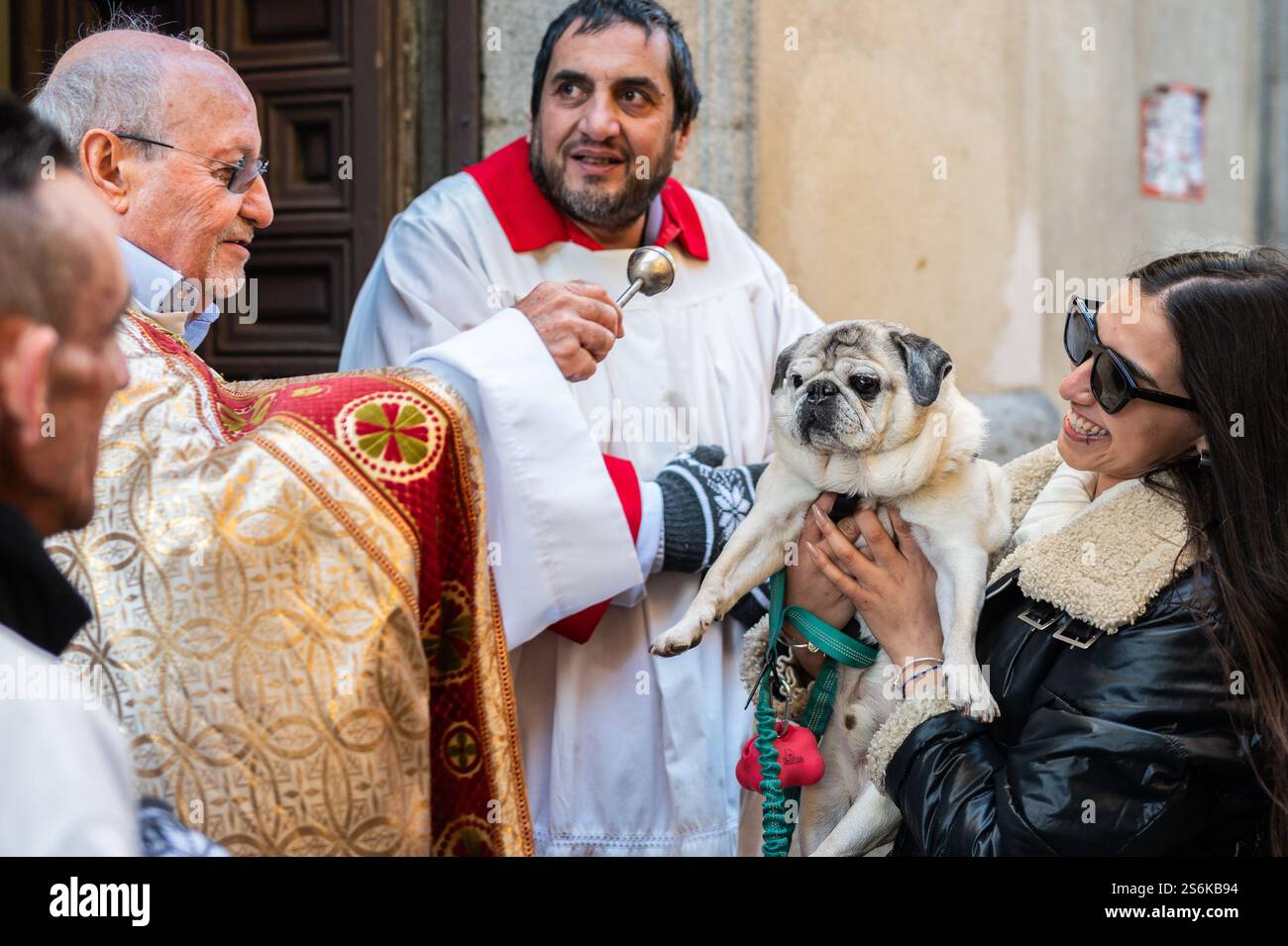 Madrid, Spanien. Januar 2025. Ein Priester segnet einen Hund während des Tages von San Anton, Schutzpatron der Haustiere. Jedes Jahr am Tag von San Anton stehen die Menschen mit ihren Haustieren an, um in der San Anton Kirche von Madrid gesegnet zu werden. Quelle: Marcos del Mazo/Alamy Live News Stockfoto