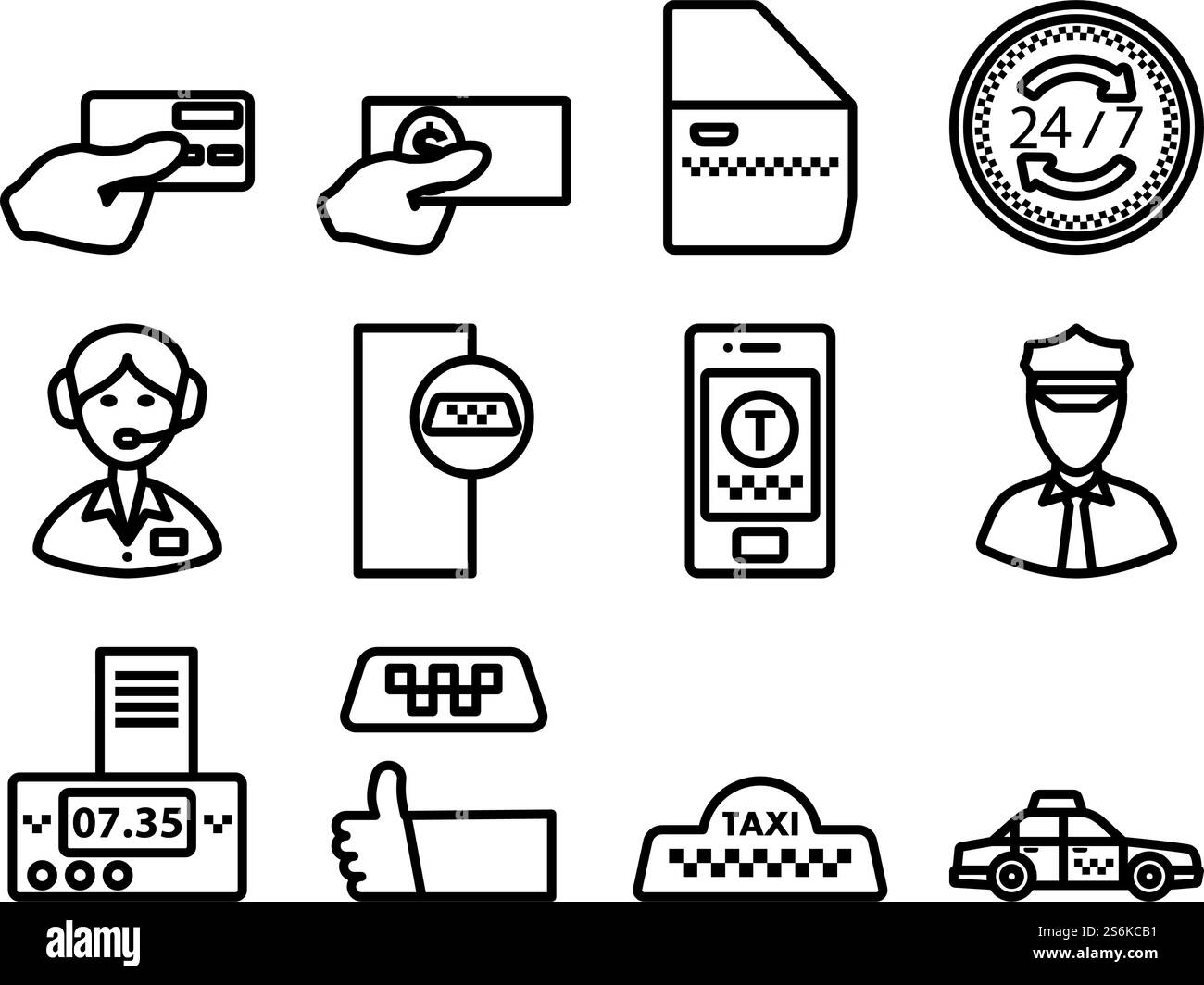 Taxi Symbol Gesetzt. Auffälliges Design mit bearbeitbarer Konturbreite. Vektorgrafik. Stock Vektor