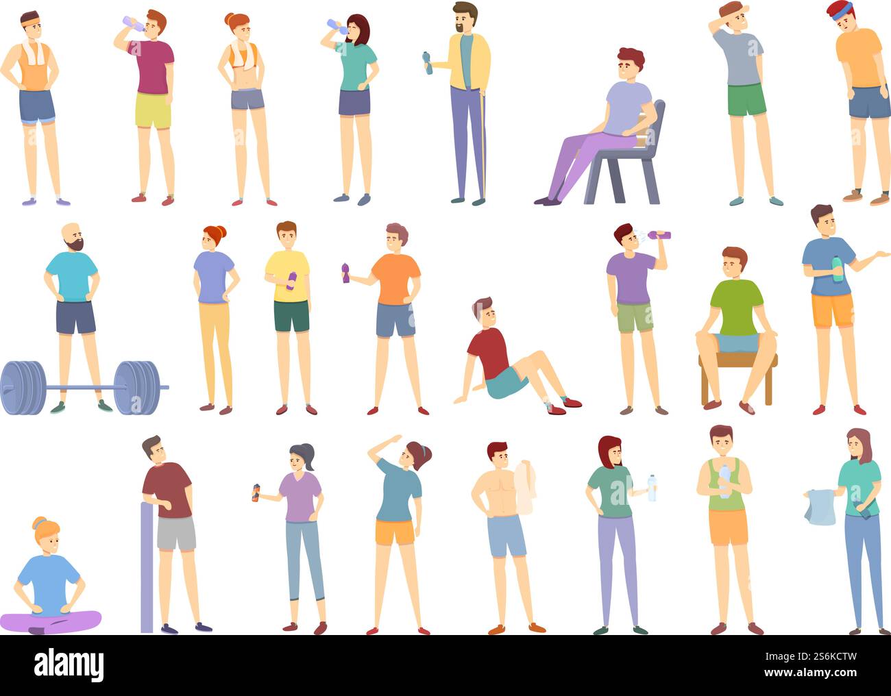Ruhende Athleten Icons setzen Cartoon Vektor. Gelangweilte Sportlerpause. Legeres Handtuch zum Ausruhen im Fitnessstudio. Ruhende Athleten Icons setzen Cartoon Vektor. Gelangweilte Sportlerpause Stock Vektor