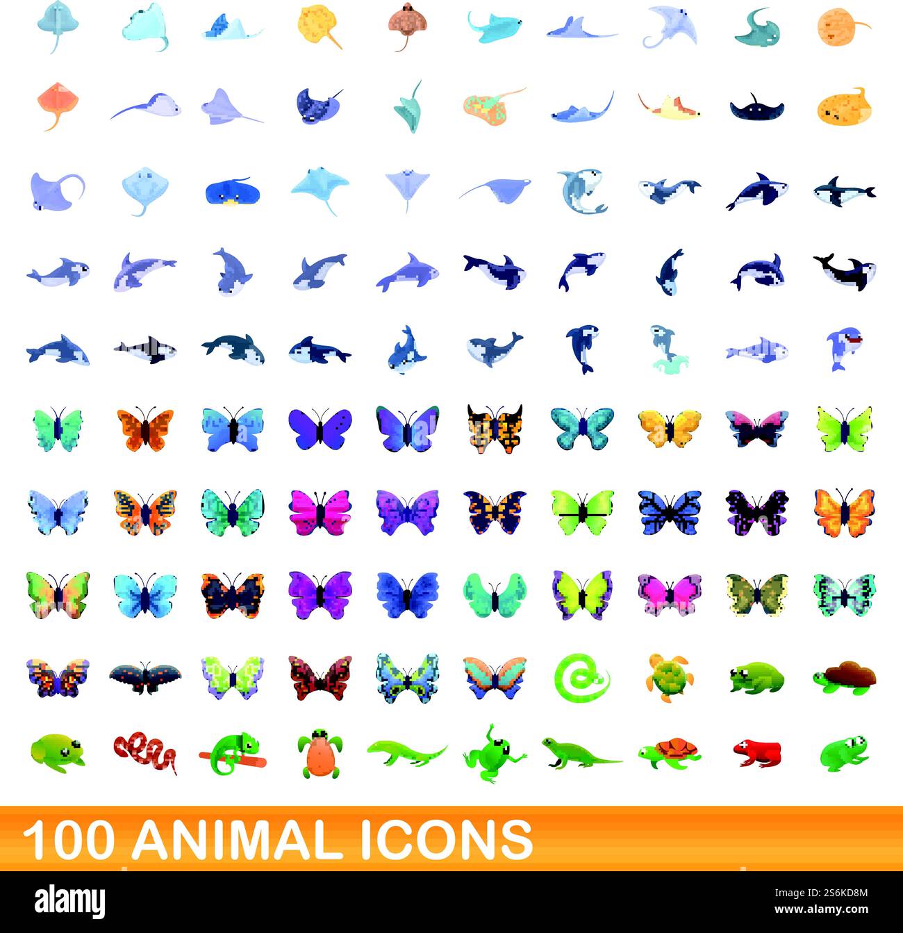 100 Tiersymbole gesetzt. Zeichentrickillustration von 100 Tiersymbolen Vektorsatz isoliert auf weißem Hintergrund. 100 Tiersymbole im Cartoon-Stil Stock Vektor