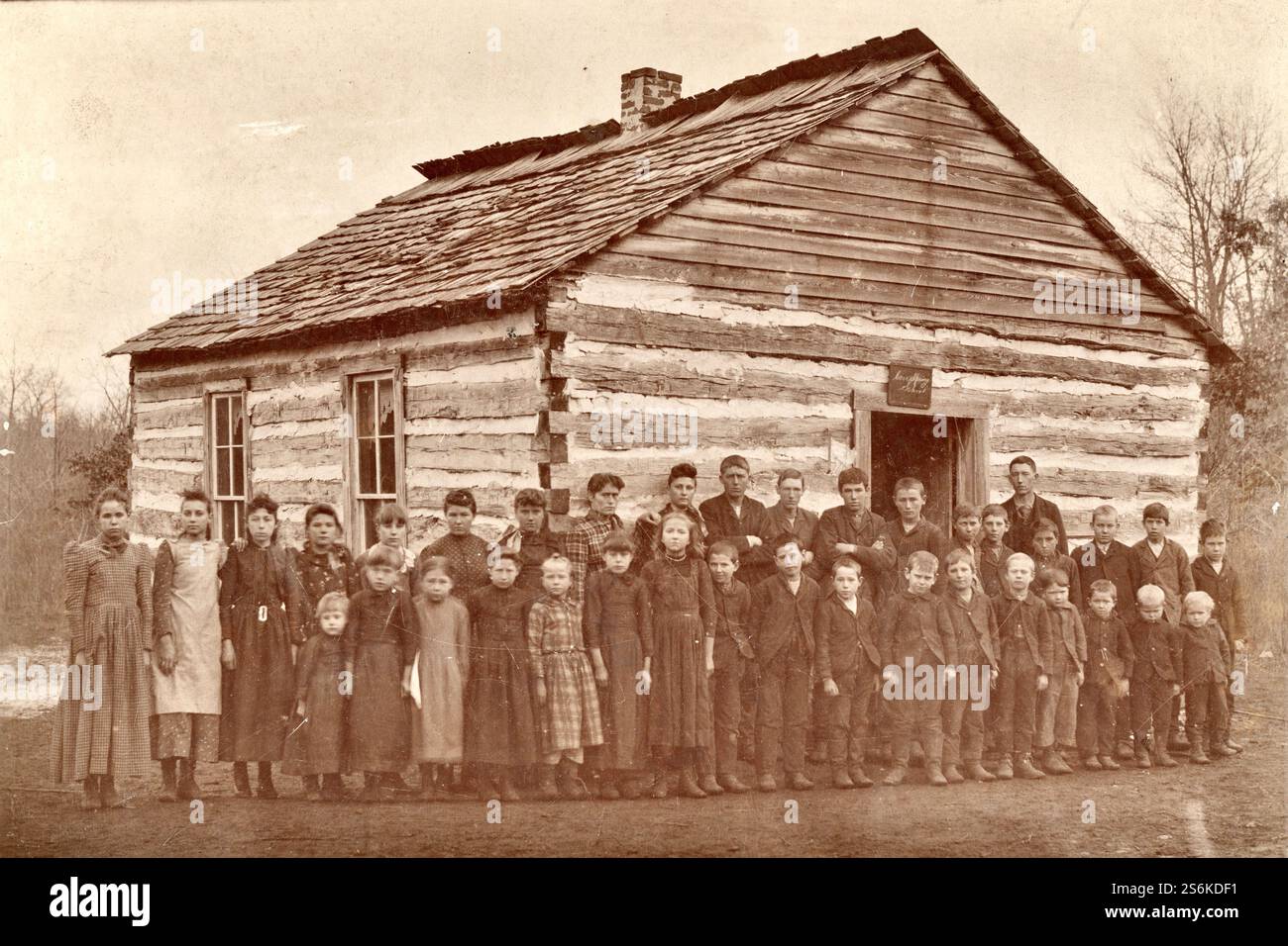 One Room Schoolhouse, Blockhütte, Old School um 1890, Missouri, Wende of the Century History of American Education, Rural One Room Schoolhouse Stockfoto