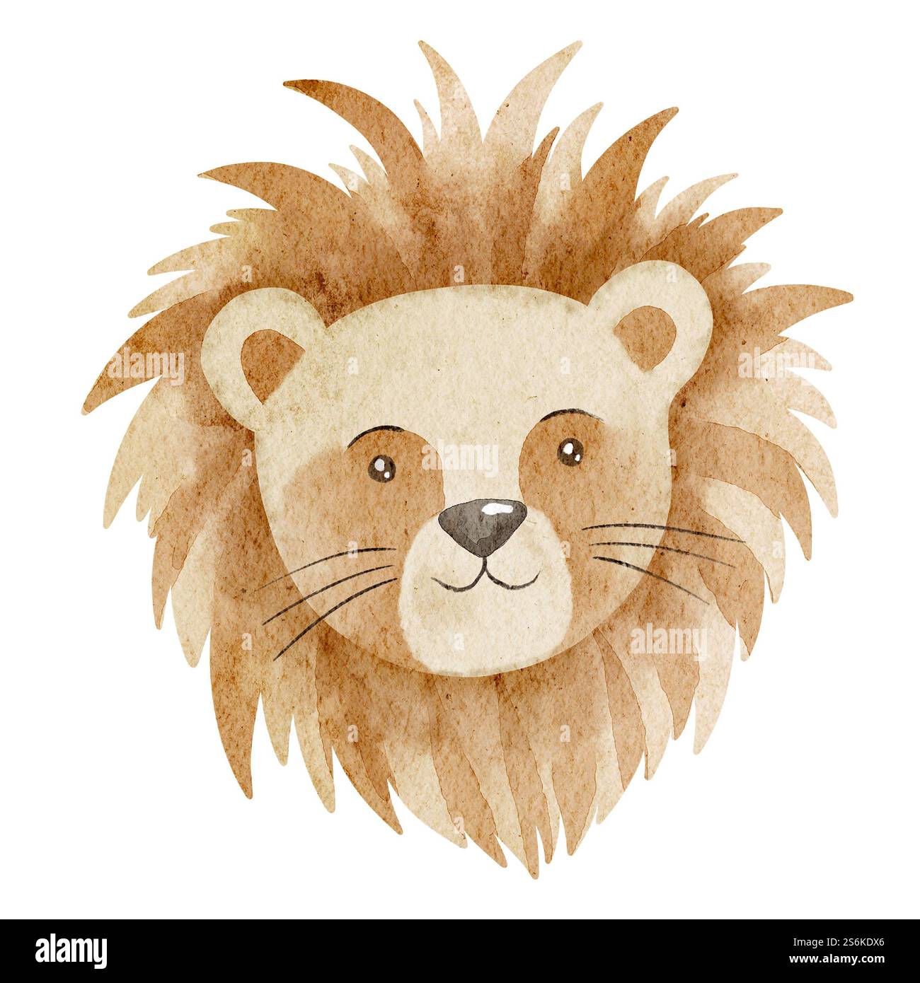 Aquarellillustration eines Löwenkopfes mit einer flauschigen Mähne im Vintage-Stil. Zeichnung von niedlichen Tieren für Kinder Einladungen oder Babyparty Grußkarten. Art of Character für Kinder Design. Stockfoto