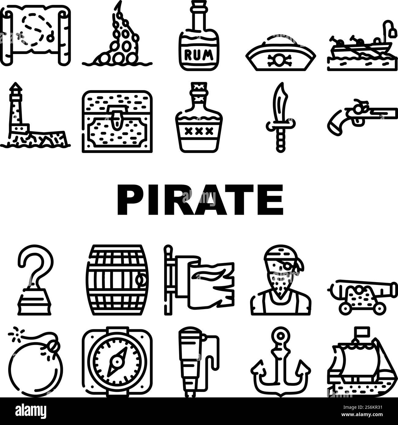 Pirate Sea Räuber Collection Icons Set Vektor. Piratenschiff Schwimmend Im Ozean Und Flagge, Hut Und Kompass, Waffe Und Säbel, Schatzkiste Und Trinkfass Schwarze Contour Illustrationen. Pirate Sea Räuber Collection Icons Set Vektor Stock Vektor