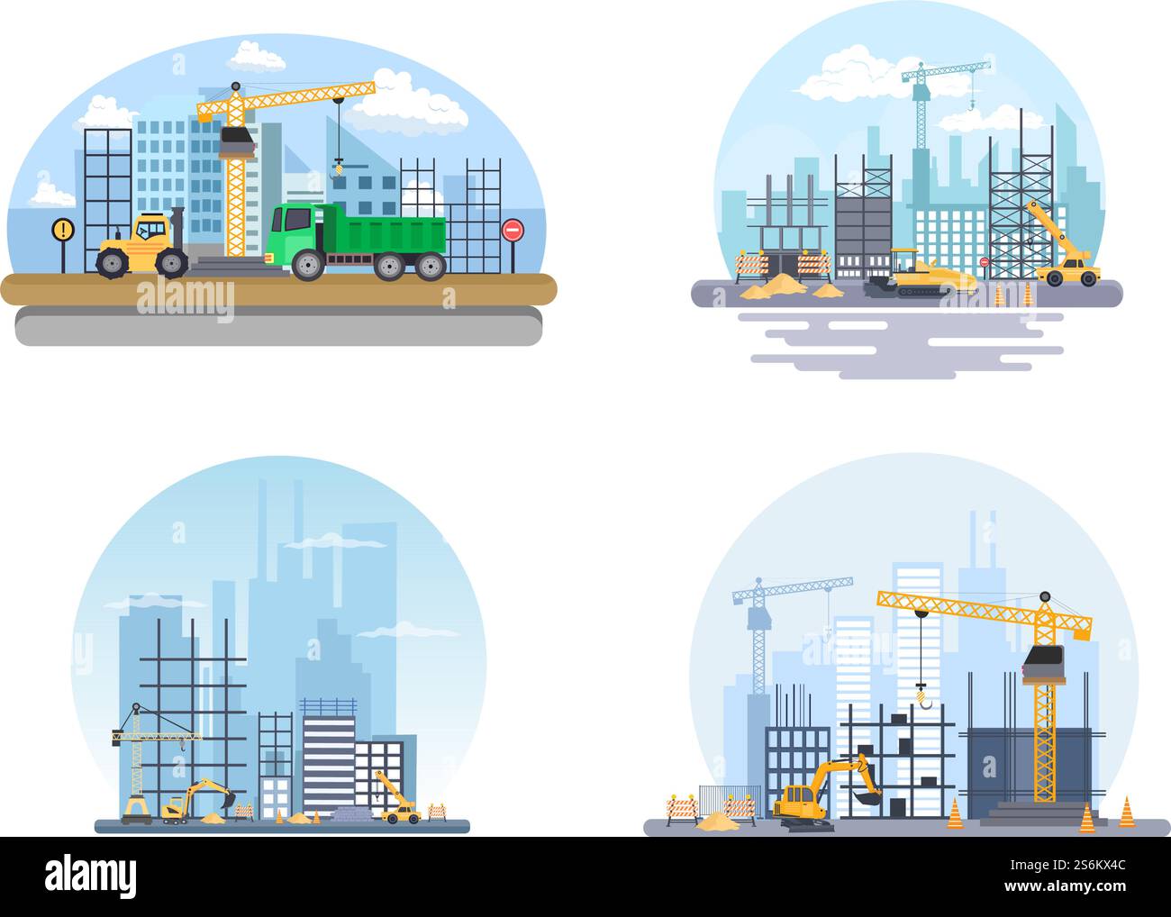 Konstruktion der Vektorgrafik. Architektur macht Fundamente, gießt Beton, Bagger Graben, verwendet Maschinen-Grablöcher und Turmdrehkrane. Real Estate Cartoon Business Stock Vektor