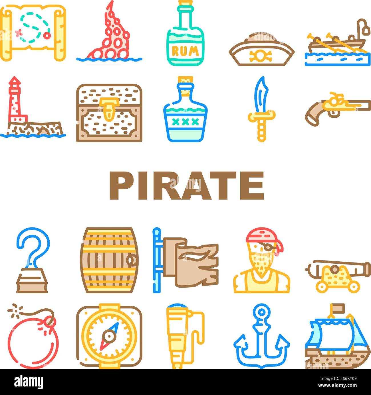 Pirate Sea Räuber Collection Icons Set Vektor. Piratenschiff Schwimmend Im Ozean Und Flagge, Hut Und Kompass, Waffe Und Säbel, Schatztruhe Und Trinkflasche Line Piktogramme. Konturfarbe Illustrationen. Pirate Sea Räuber Collection Icons Set Vektor Stock Vektor
