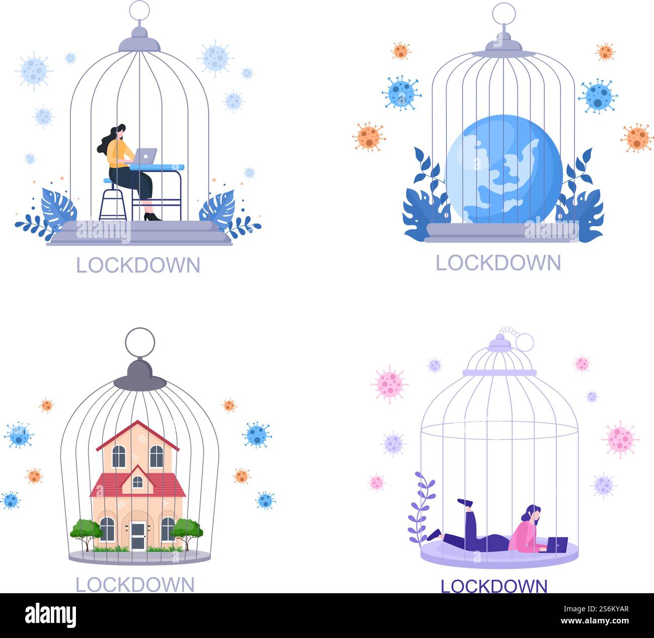Lockdown zum Stoppen des COVID-19 Coronavirus mit Cage oder Virus Barrier Tape über der Stadt im Normalbetrieb. Abbildung Der Landing Page Im Hintergrund Stock Vektor
