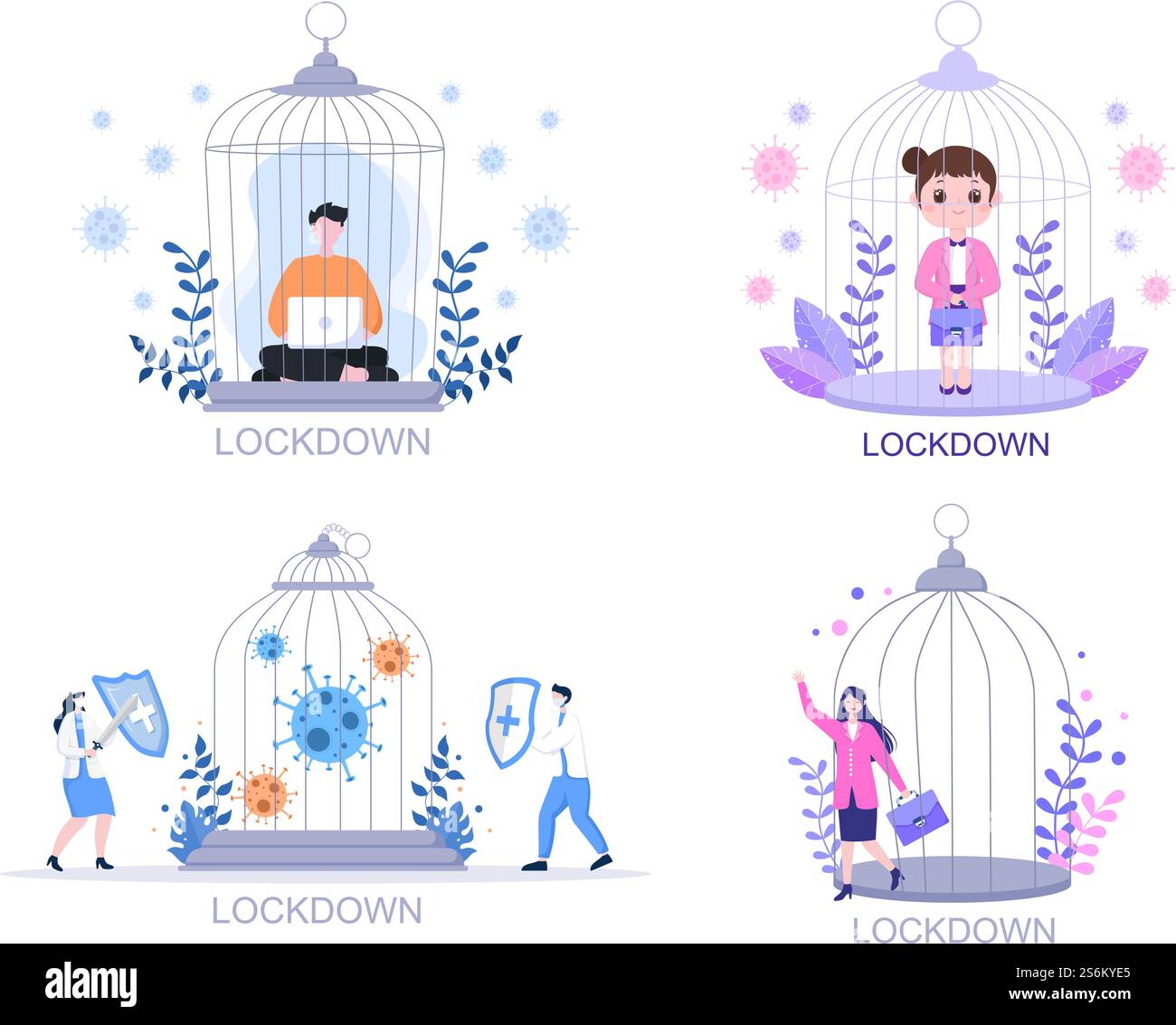 Lockdown zum Stoppen des COVID-19 Coronavirus mit Cage oder Virus Barrier Tape über der Stadt im Normalbetrieb. Abbildung Der Landing Page Im Hintergrund Stock Vektor