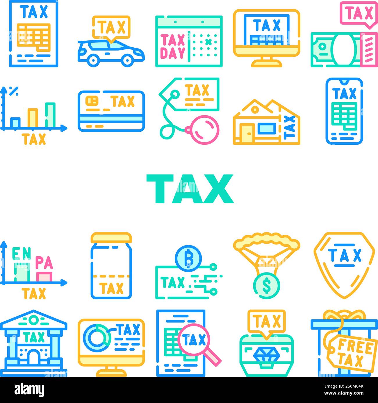 Steuerfinanzierungszahlungen Für Einkommen - Set-Vektor. Kryptowährung Und Immobiliensteuer, Geschenk Und Jeder Dollar, Infografik Und Online Pay, Schmuck Und Auto Line. Farbige Abbildungen. Steuerfinanzierungszahlungen Für Einkommen - Set-Vektor Stock Vektor