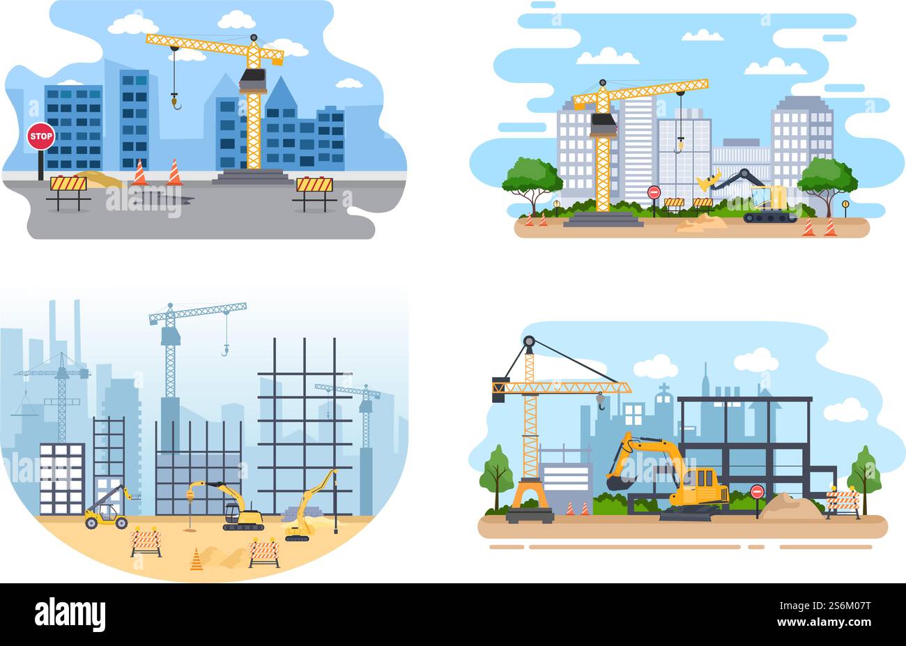 Konstruktion der Vektorgrafik. Architektur macht Fundamente, gießt Beton, Bagger Graben, verwendet Maschinen-Grablöcher und Turmdrehkrane. Real Estate Cartoon Business Stock Vektor