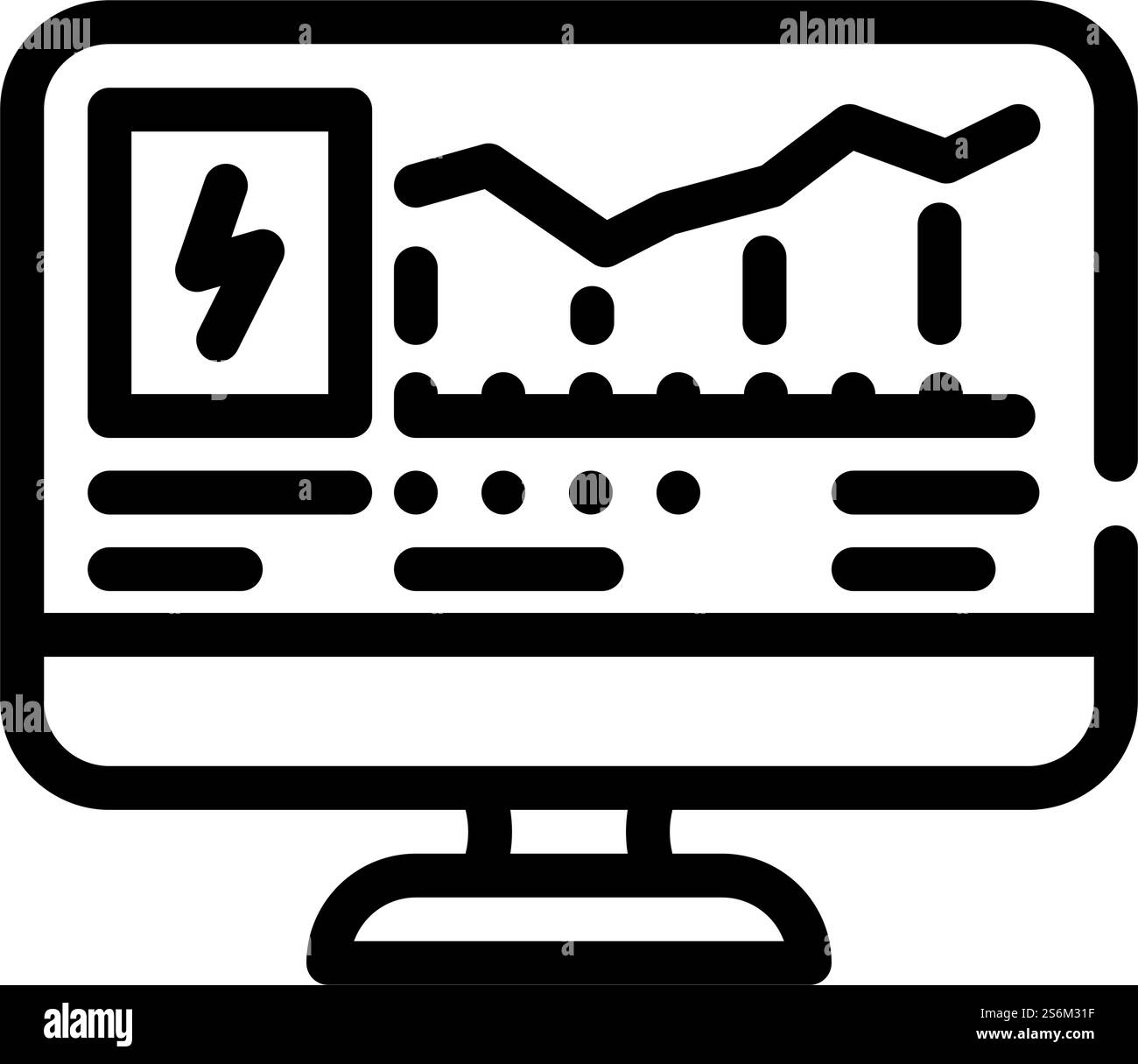 Computersteuerung der Stromverbrauchslinie Symbolvektor. Computerkontrolle des Stromverbrauchszeichens. Schwarze Abbildung des isolierten Kontursymbols. Computersteuerung der Stromverbrauchslinie Symbol Vektorillustration Stock Vektor