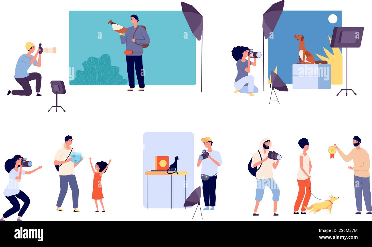 Tierfotografen. Fotostudio, Profis mit Kameras. Isolierte Blogger, Werbespots oder Haustiere verleihen Vektorillustration. Fotograf Tierhobbys, Fotografie fotografieren professionelle Haustiere. Tierfotografen. Fotostudio, Profis mit Kameras. Isolierte Blogger, Werbespots oder Haustiere verleihen Vektorillustration Stock Vektor