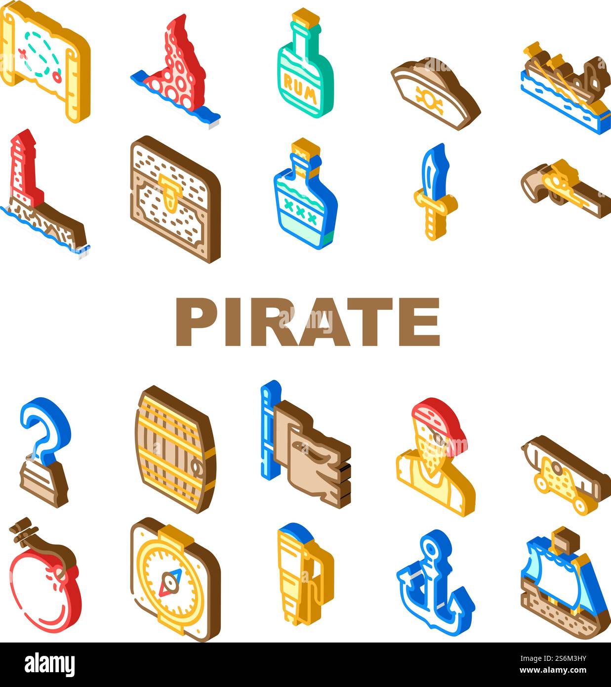 Pirate Sea Räuber Collection Icons Set Vektor. Piratenschiff Schwimmend Im Ozean Und Flagge, Hut Und Kompass, Waffe Und Säbel, Schatzkiste Und Trinkfass Isometrische Schilderfarben Illustrationen. Pirate Sea Räuber Collection Icons Set Vektor Stock Vektor