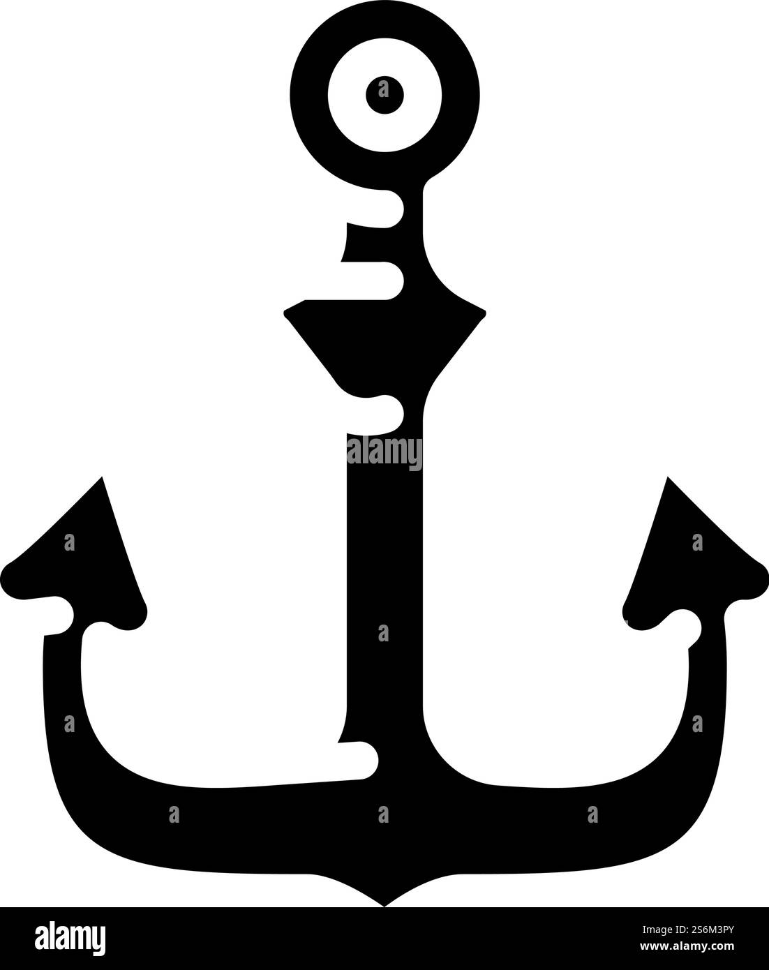 Ankerschiff Piraten Glyphen Symbol Vektor. Ankern Sie das Piratenschild des Schiffes. Schwarze Abbildung des isolierten Kontursymbols. Ankerschiff Piraten Glyphe Symbol Vektor Illustration Stock Vektor