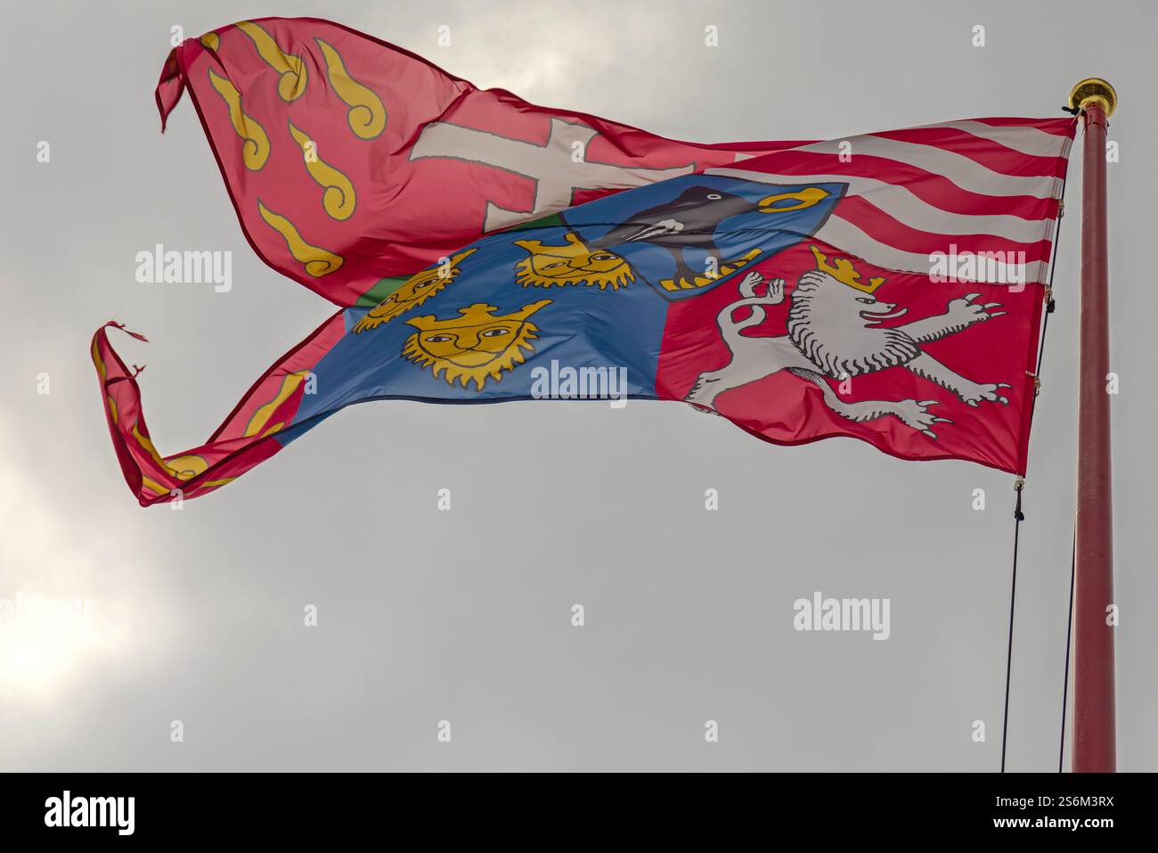Budapest, Ungarn - 31. Juli 2022: Symbol der alten mittelalterlichen Heraldik auf dem Budaer Schlossberg im ersten Bezirk über dem bewölkten Himmel. Stockfoto