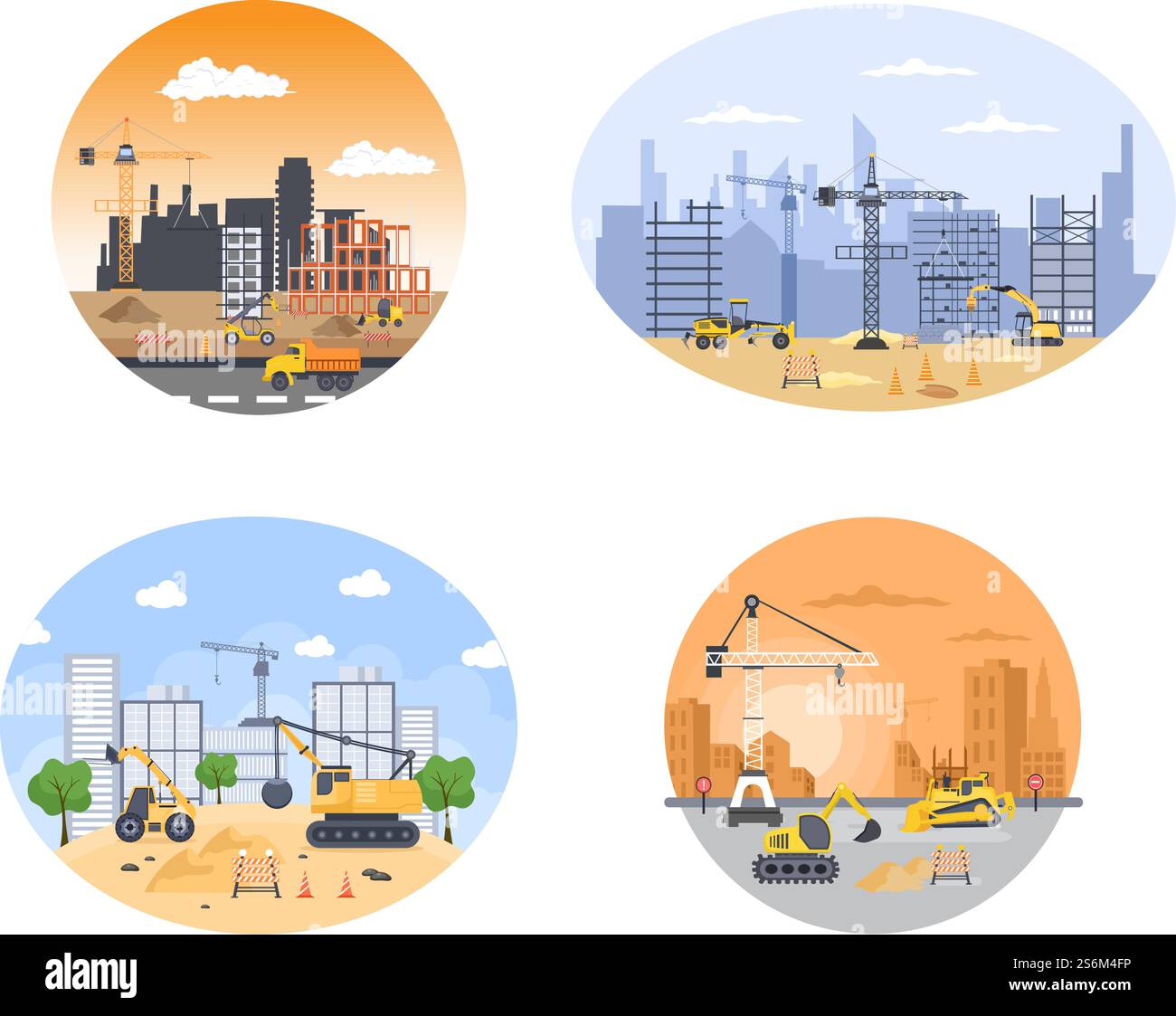 Konstruktion der Vektorgrafik. Architektur macht Fundamente, gießt Beton, Bagger Graben, verwendet Maschinen-Grablöcher und Turmdrehkrane. Real Estate Cartoon Business Stock Vektor