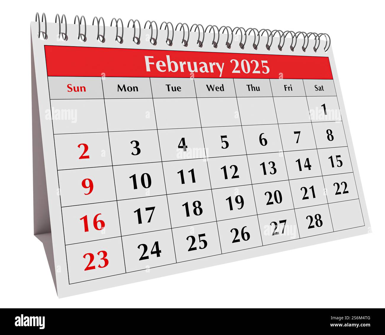 Februar 2025-Kalender. Seite des jährlichen Winterkalenders für den Business Desk-Monat, isoliert auf weiß Stockfoto