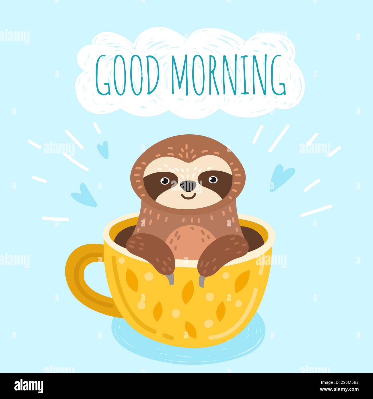 Faultier mit Kaffee. Lustige Morgenkarte, niedliches Tiergesicht in der Tasse. Süßes kreatives skandinavisches Banner, exakter Cartoon Spaß Dschungelvektor Charakter. Illustration Kaffee und Tierfaulheit. Faultier mit Kaffee. Lustige Morgenkarte, niedliches Tiergesicht in der Tasse. Süßes kreatives skandinavisches Banner, exakter Cartoon Spaß Dschungelvektor Charakter Stock Vektor