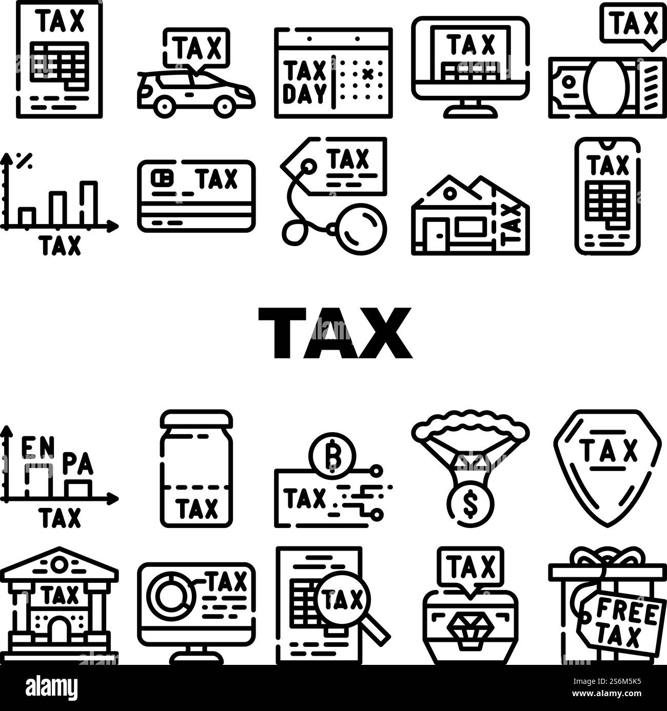 Steuerfinanzierungszahlungen Für Einkommen - Set-Vektor. Kryptowährung Und Immobiliensteuer, Geschenk Und Jeder Dollar, Infografik Und Online Pay, Schmuck Und Auto Contour Illustrationen. Steuerfinanzierungszahlungen Für Einkommen - Set-Vektor Stock Vektor