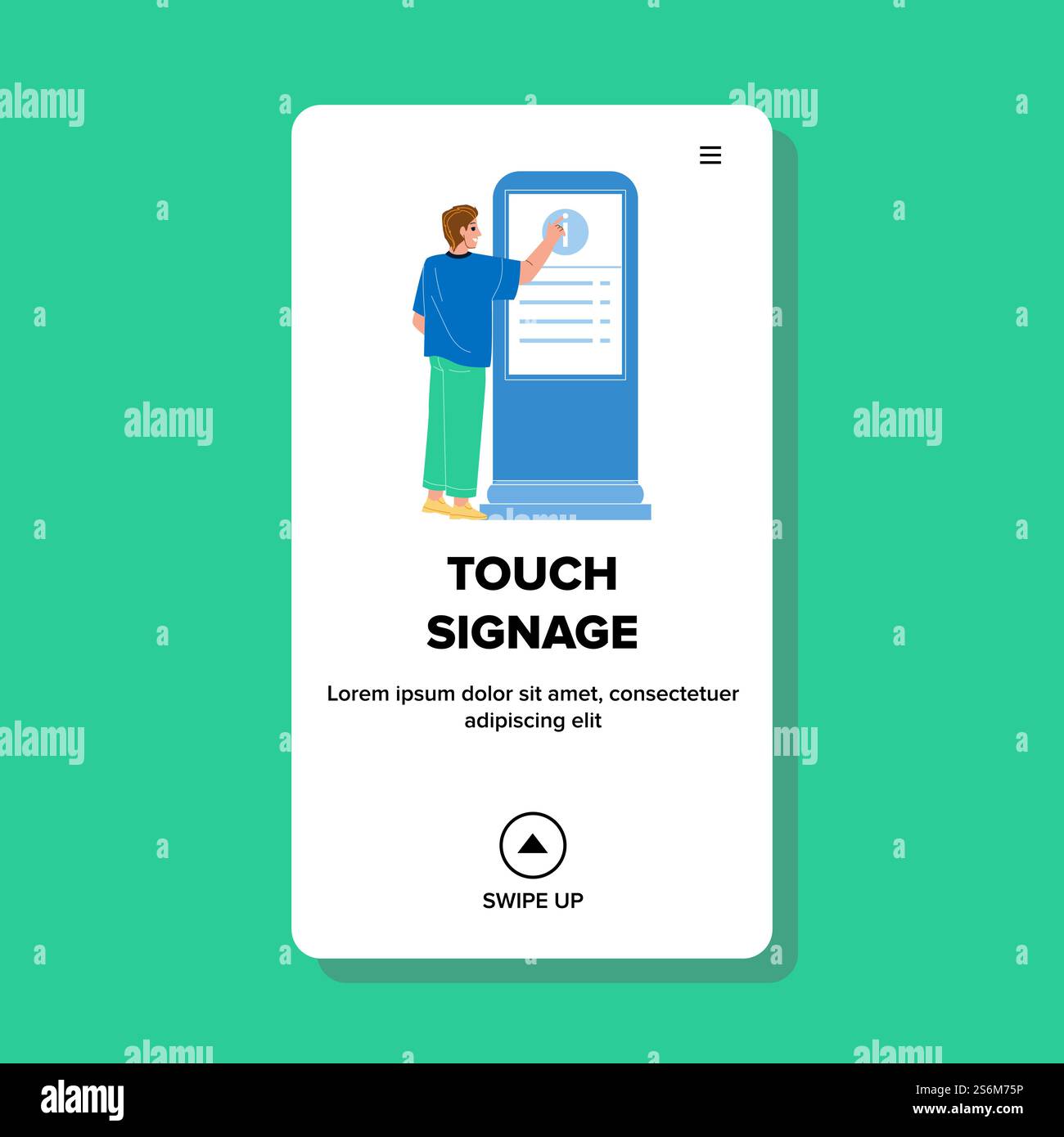Berühren Sie Signage Auf Dem Digitalen Touchscreen-Panel Vektor. Junger Mann Mit Multimedia-Ständer-Lcd-Display, Touch Signage Kiosk. Charakter Interaktive Computertechnologie Web Flat Cartoon Illustration. Berühren Sie Signage Auf Dem Digitalen Touchscreen-Panel Vektor Stock Vektor